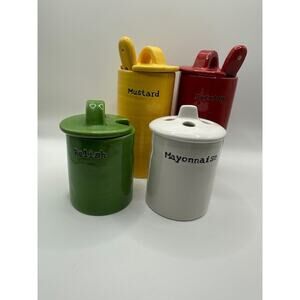 Pottery Barn BBQ Condiment Set & Tray Spoons Ketchup Mustard Mayo Relish RETIRED